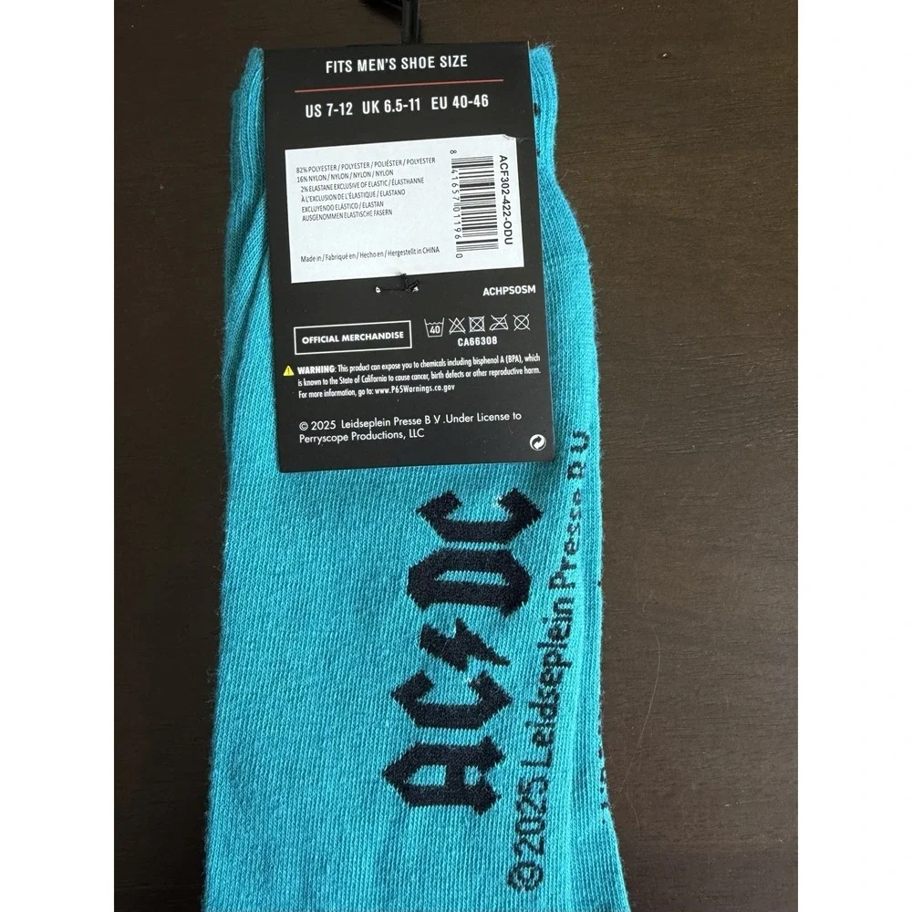 NEW Novelty Teal & Black AC/DC Men's Crew Socks Size US 7-12